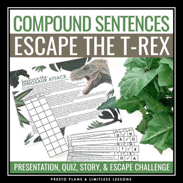 Compound Sentence Type Grammar Activity Escape Room Challenge, Slides, and Quiz