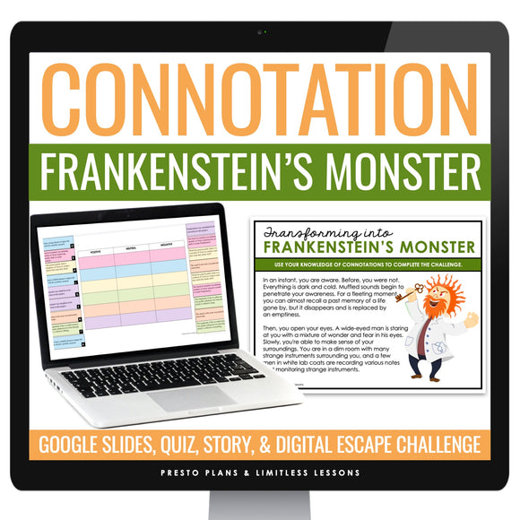Connotation Vocabulary Word Practice Digital Escape Activity, Slides, and Quiz