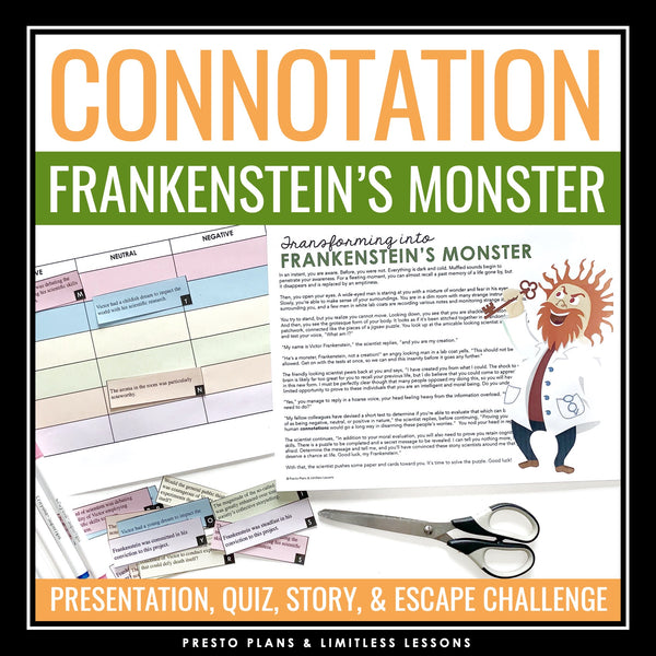 Connotation Vocabulary Word Practice Escape Activity Challenge, Slides, and Quiz