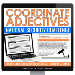 Coordinate Adjectives Escape Room Digital Grammar Activity, Slides, and Quiz