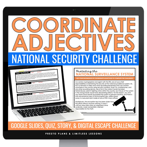 Coordinate Adjectives Escape Room Digital Grammar Activity, Slides, and Quiz