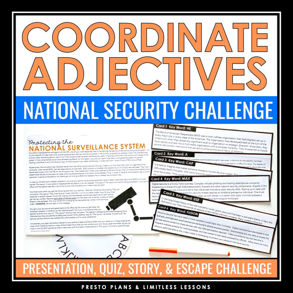 Commas With Coordinate Adjectives - Slides and Grammar Activity Escape Challenge