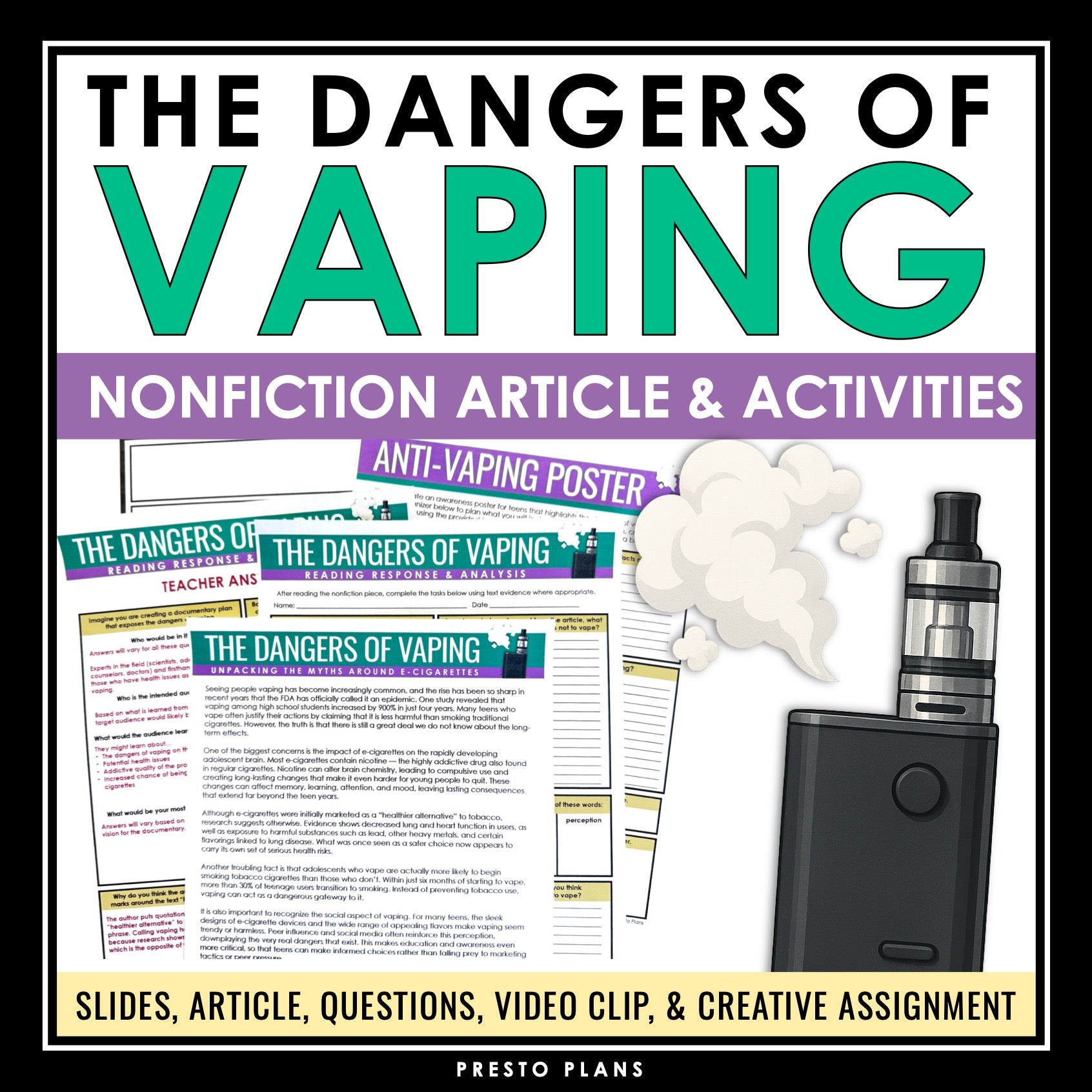 Nonfiction Reading Comprehension Article & Activities - Health Dangers of Vaping Nonfiction Reading Comprehension Article & Activities - Health Dangers of Vaping