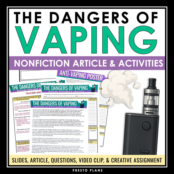 Nonfiction Reading Comprehension Article & Activities - Health Dangers of Vaping