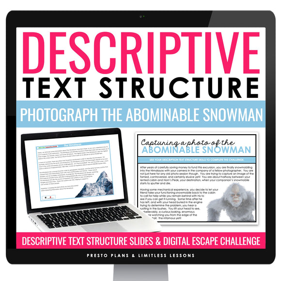 Descriptive Text Structure Slides & Digital Nonfiction Reading Escape Activity