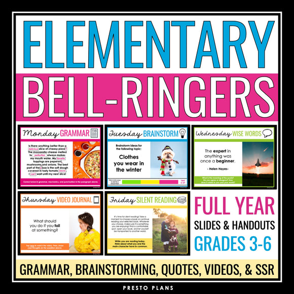 Elementary Bell Ringers - Grammar, Brainstorming, and Writing Bell Work Warm Ups