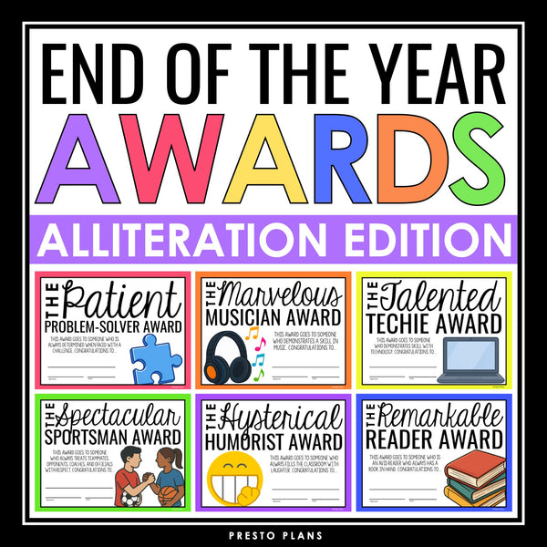 End of the Year Awards - Alliteration Edition Student Award Certificates