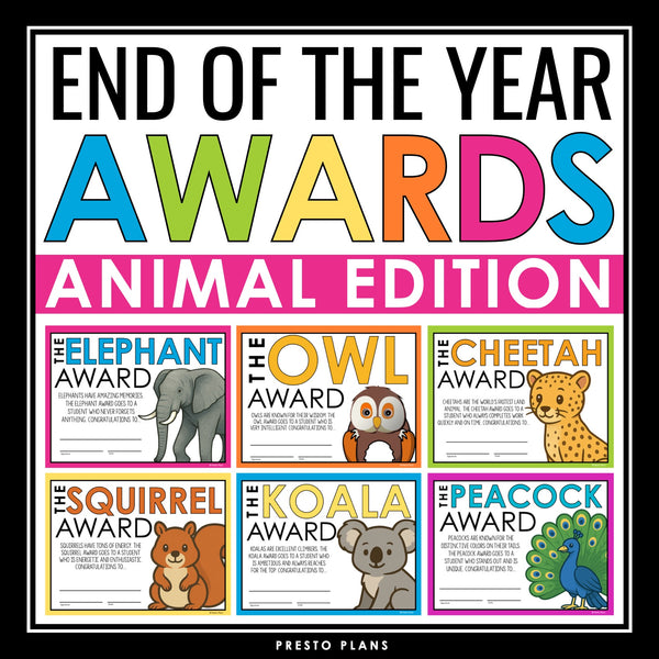 End of the Year Awards - Animal Edition Student Award Certificates