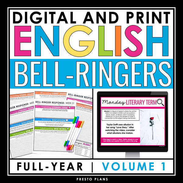 English Bell Ringers - Lit Terms, Prompts, Writing - Digital Print Bundle Vol 1