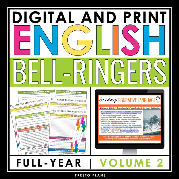 English Bell Ringers Lit Terms, Grammar, Vocabulary - Digital Print Bundle Vol 2