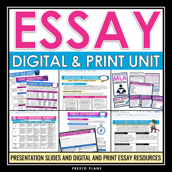 Essay Writing Unit - Slides, Organizers & Assignments - Digital Print Bundle