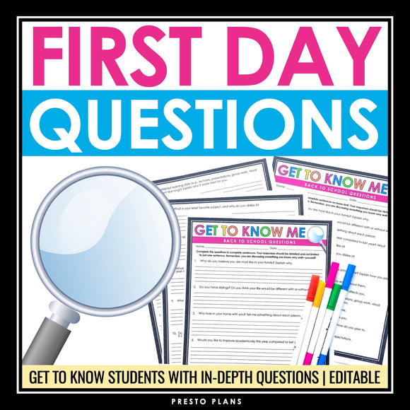 First Day of School Questions to Get to Know Students - Back to School Activity