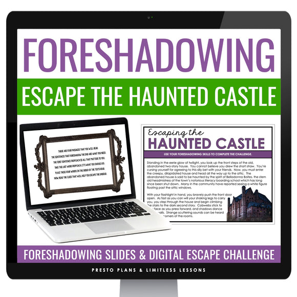 Foreshadowing Literary Device Slides and Digital Escape Room Reading Activity