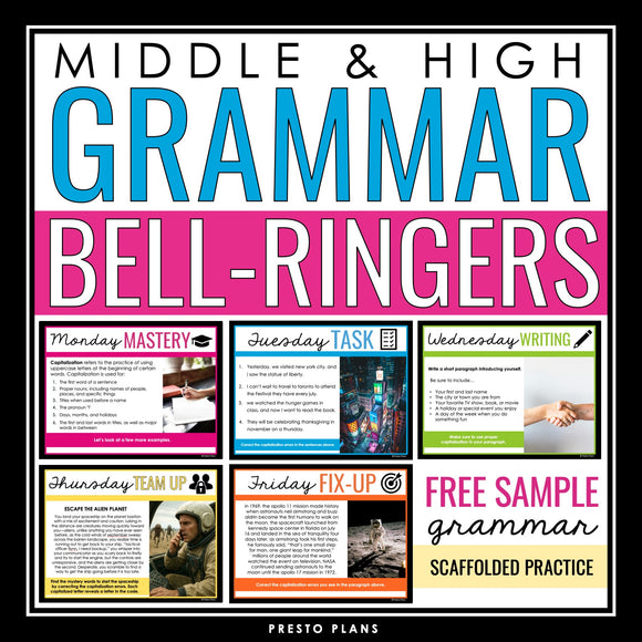 Free Grammar Bell-Ringers - Weekly Grammar Skills Program Middle High ELA