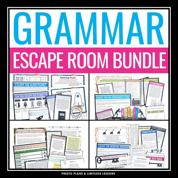 Grammar Escape Room Activity Bundle - 4 Classroom Grammar Breakout Games