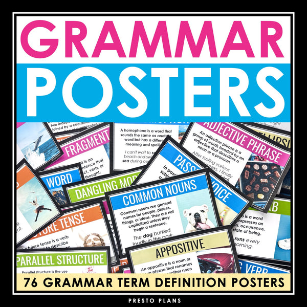 Grammar Posters Classroom Bulletin Board Decor – 76 ELA Grammar Terms Posters