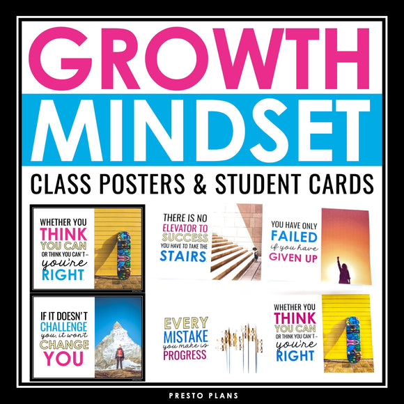 Growth Mindset Posters Classroom Bulletin Board Quotes Display and Student Cards