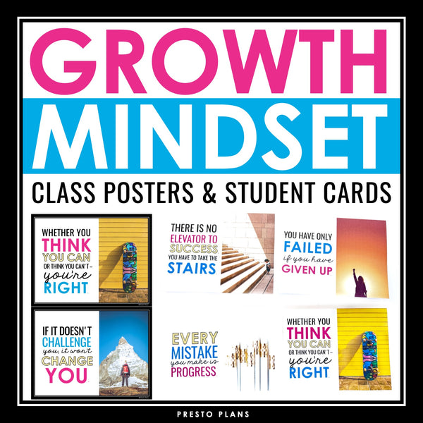 Growth Mindset Posters Classroom Bulletin Board Quotes Display and Student Cards