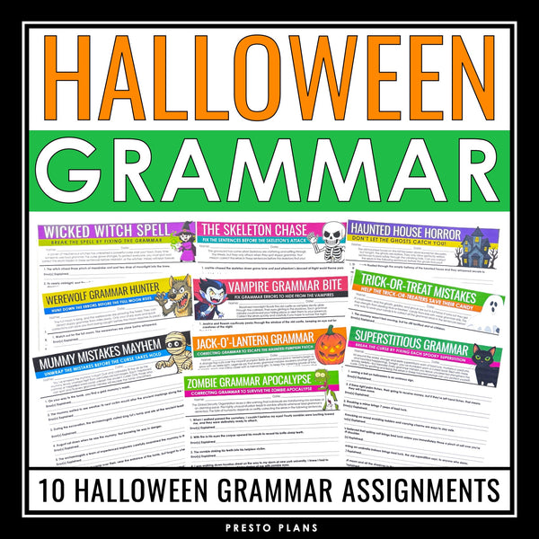 Halloween Grammar Worksheets - Editing Punctuation, Spelling, & Grammar Activity