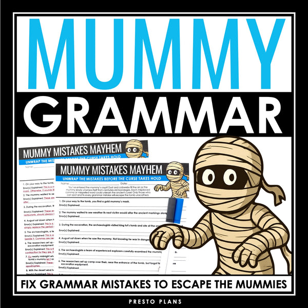 Halloween Grammar Worksheet Assignment - Grammar Editing Activity - Mummies