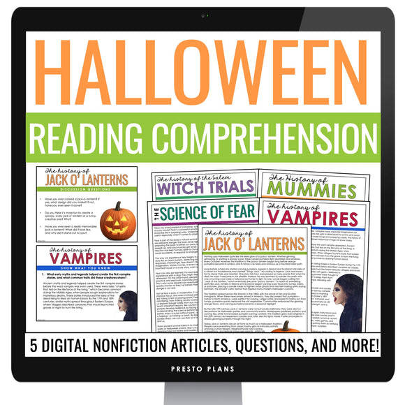 Halloween Reading Comprehension Bundle Digital Nonfiction Articles & Assignments