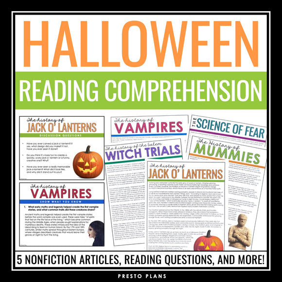 Halloween Reading Comprehension Bundle: 5 Nonfiction Articles & Assignments