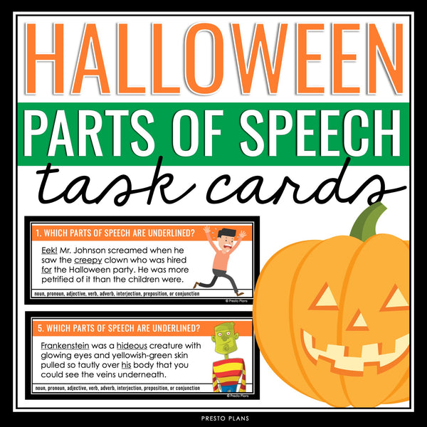 Halloween Parts of Speech Task Cards Activity - Labeling Parts of Speech