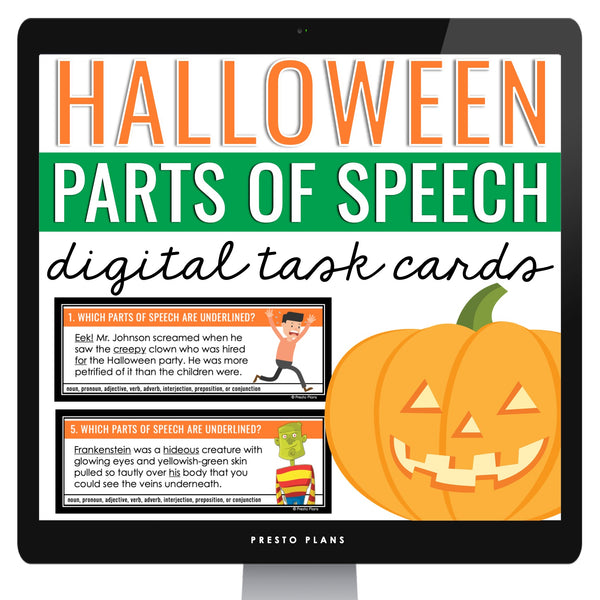 Halloween Parts of Speech Digital Task Cards Activity - Labeling Parts of Speech