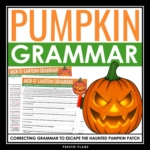 Halloween Grammar Worksheet Assignment - Grammar Editing Activity - Pumpkins