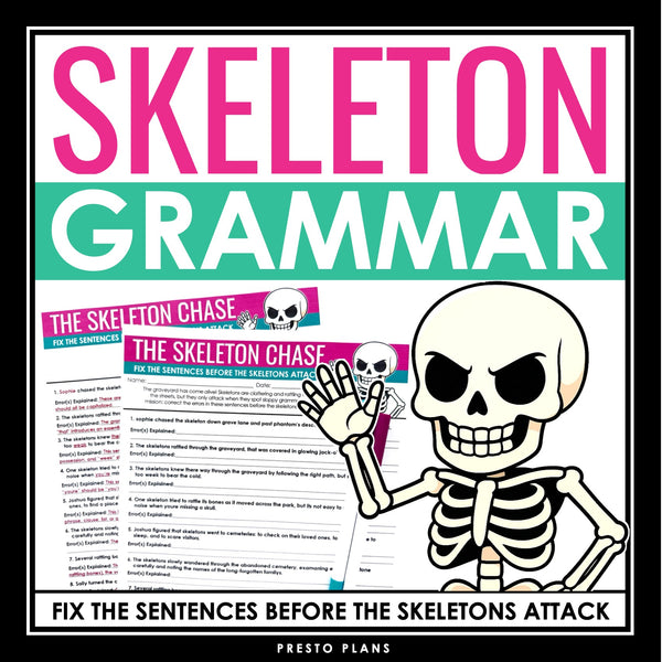 Halloween Grammar Worksheet Assignment - Grammar Editing Activity - Skeletons