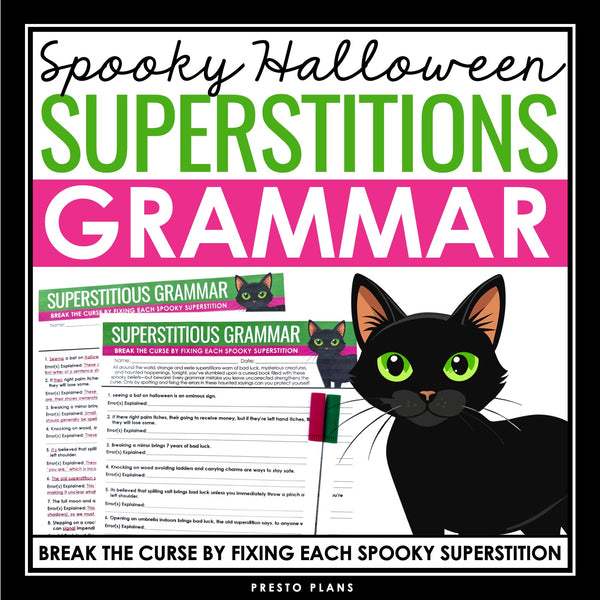 Halloween Grammar Worksheet Assignment - Grammar Activity - Superstitions