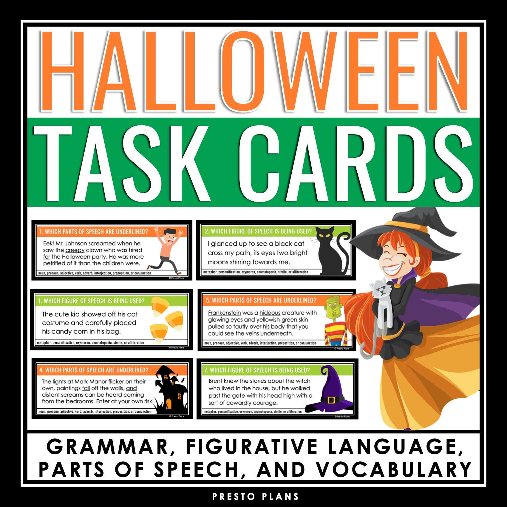 Halloween Task Cards - Grammar, Parts of Speech, Vocabulary
