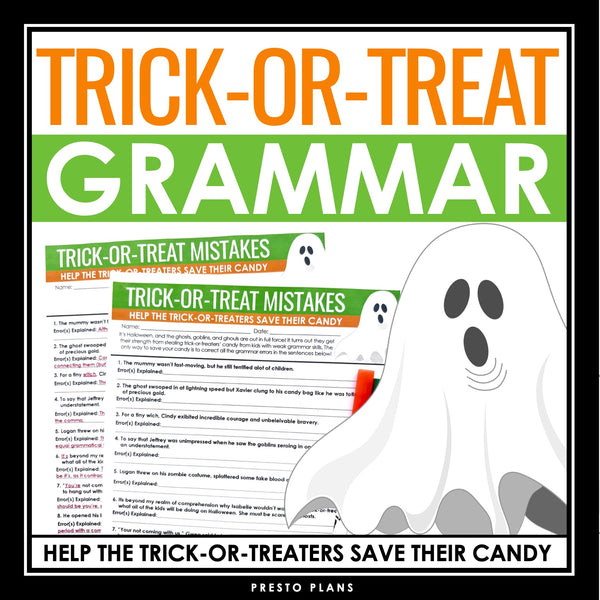 Halloween Grammar Worksheet Assignment - Grammar Activity - Trick or Treat