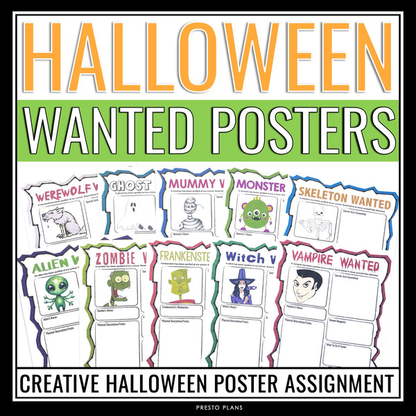 Halloween Writing Assignments - Wanted Poster for Halloween Characters Activity