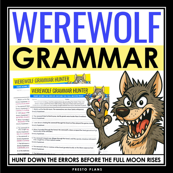 Halloween Grammar Worksheet Assignment - Grammar Editing Activity - Werewolf