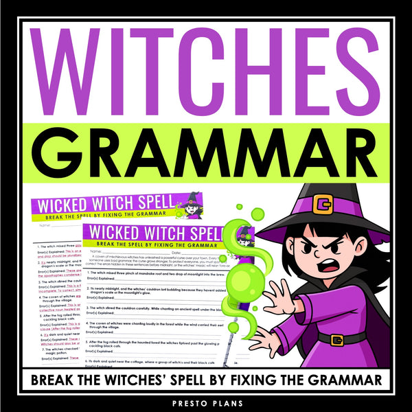 Halloween Grammar Worksheet Assignment - Grammar Editing Activity - Witches