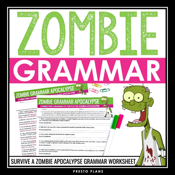 Halloween Grammar Worksheet Assignment - Grammar Editing Activity - Zombies