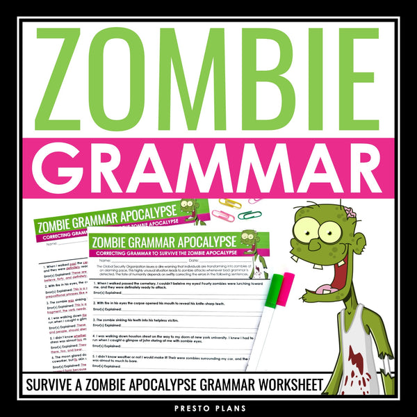 Halloween Grammar Worksheet Assignment - Grammar Editing Activity - Zombies
