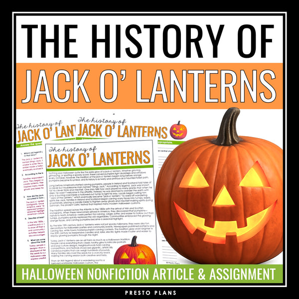Halloween Reading Comprehension Jack O' Lantern Nonfiction Article & Assignment
