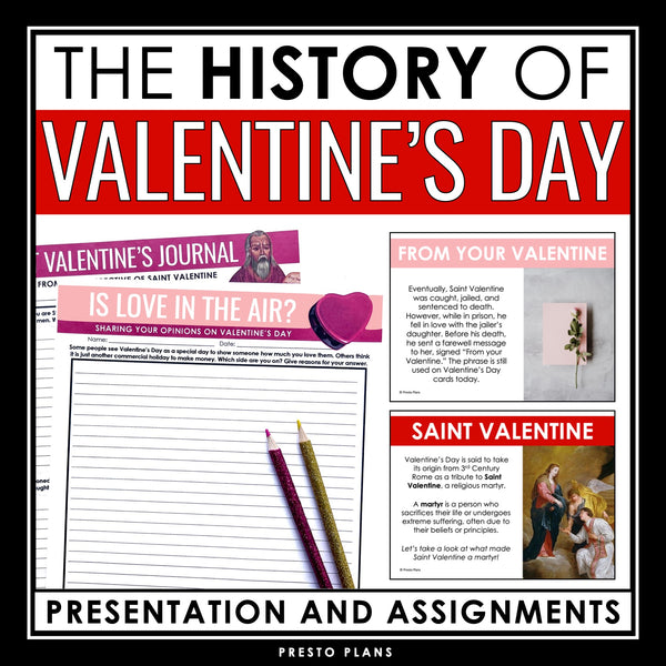 History of Valentine's Day Lesson Presentation and Creative Writing Assignments