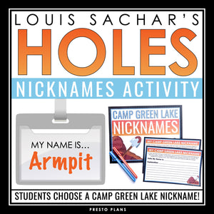 Holes Activity - Nicknames Creative Novel Assignment - Louis Sachar