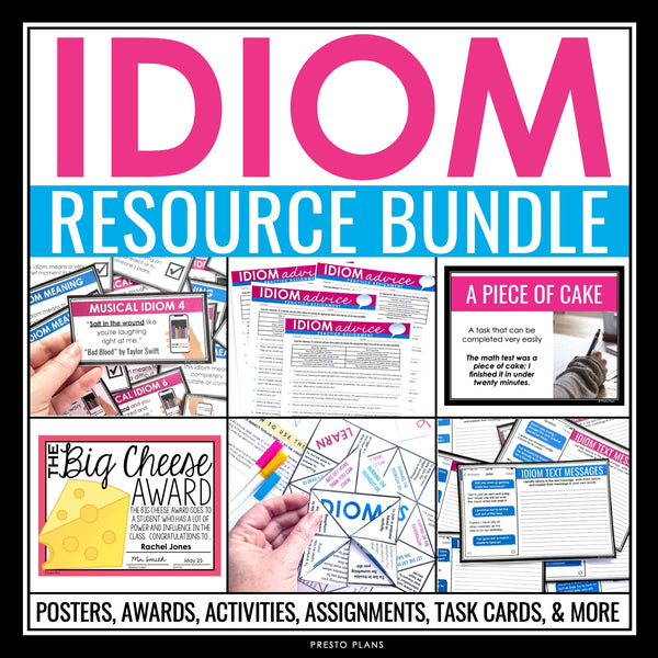 Idioms Activities, Assignments, Posters, Task Cards, and Awards Bundle - ELL ESL