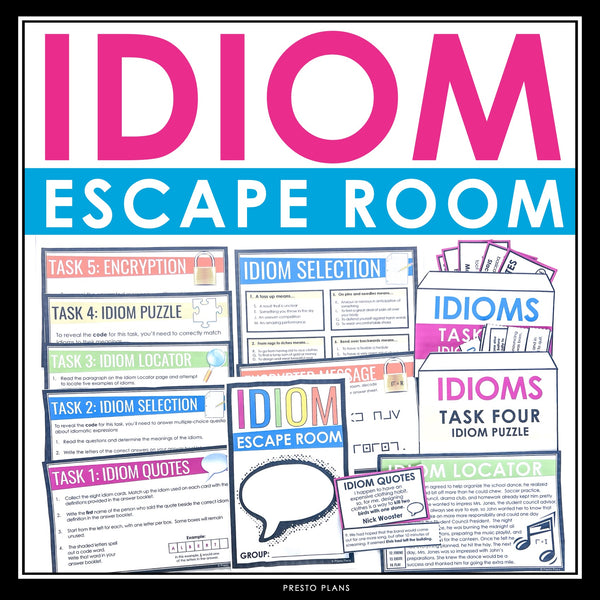 Idiom Escape Room Activity - Idiomatic Expressions Breakout Stations Review Game