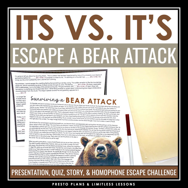It's vs. Its Homophones Escape Room Style Grammar Game, Slides, & Quiz