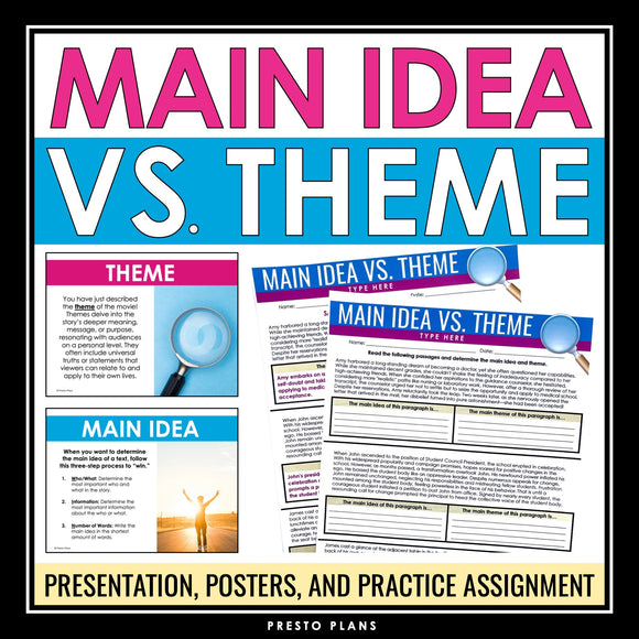 Main Idea vs Theme Lesson - Presentation, Posters, and Worksheet Assig ...