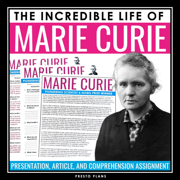 Marie Curie Biography - Slides, Nonfiction Science Article & Reading Assignment