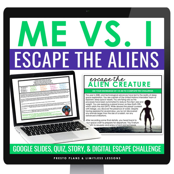 Pronouns Me vs. I Escape Room Digital Grammar Activity, Google Slides, and Quiz