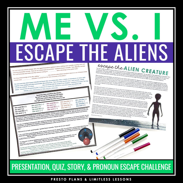 Pronouns Me vs. I Grammar Activity Escape Room Challenge, Presentation, and Quiz