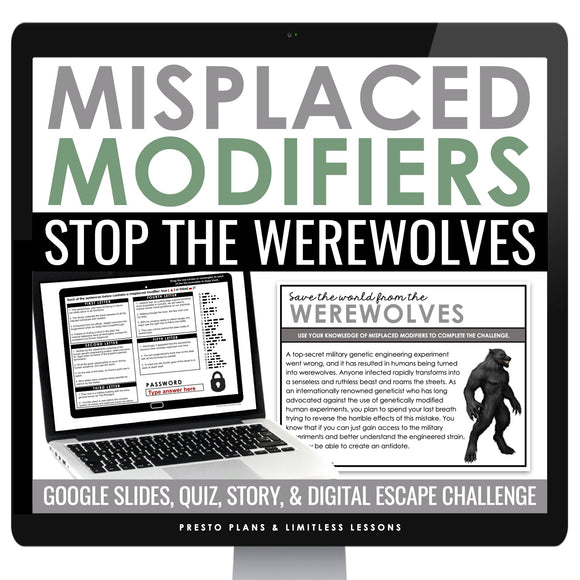 Misplaced Modifiers Escape Room Digital Grammar Activity, Google Slides, & Quiz