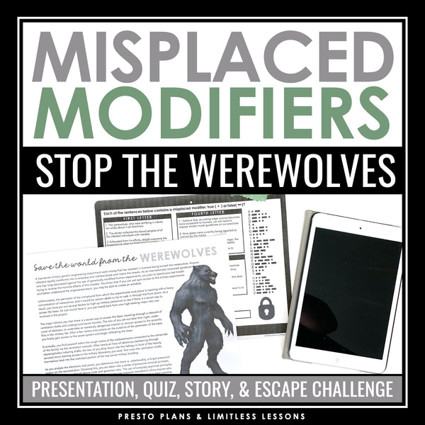 Misplaced Modifiers Grammar Activity Escape Room Challenge, Slides, and Quiz